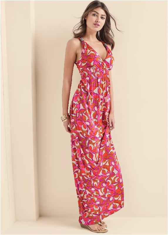 Geometric Print Maxi Dress - Pink Multi