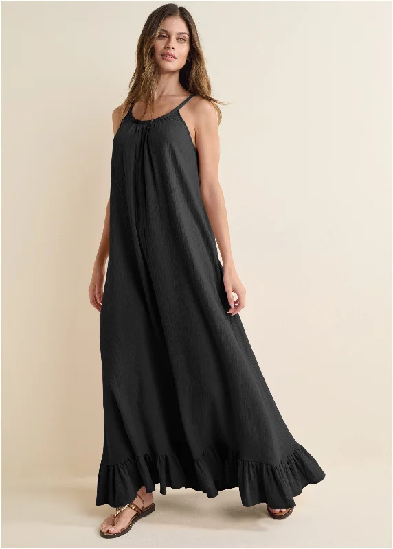 Tie-Back Ruffle Maxi Dress - Black